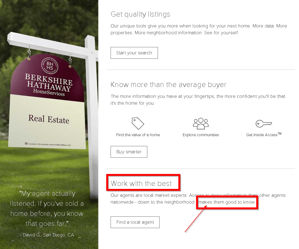 Berkshire Hathaway Real Estate Slogan. Image shows an example pulled from the corporate website and illustrates how you might mix a slogan into website copy. #realestate #slogan