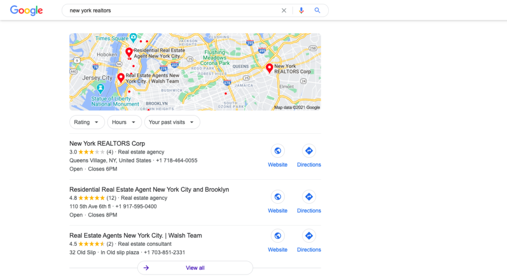 Google search results with local pack for hyperlocal real estate SEO