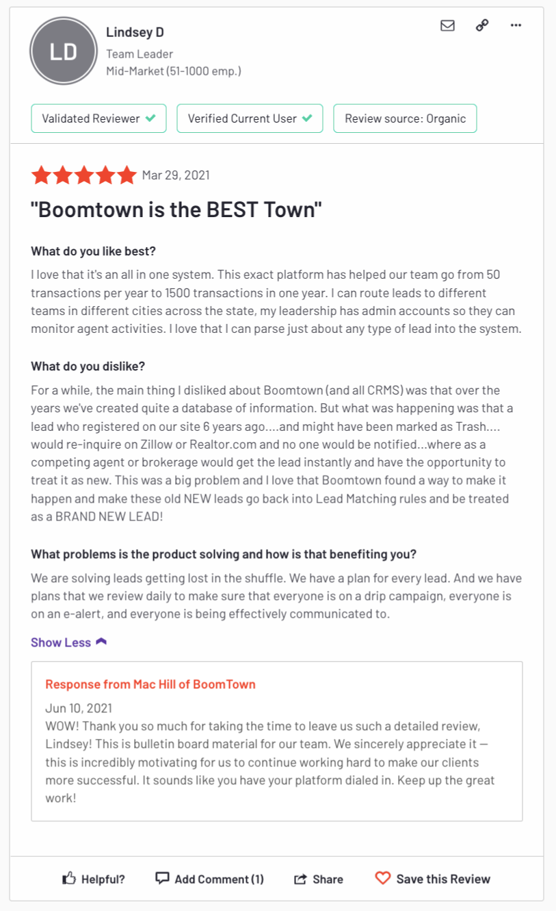positive Boomtown testimonial