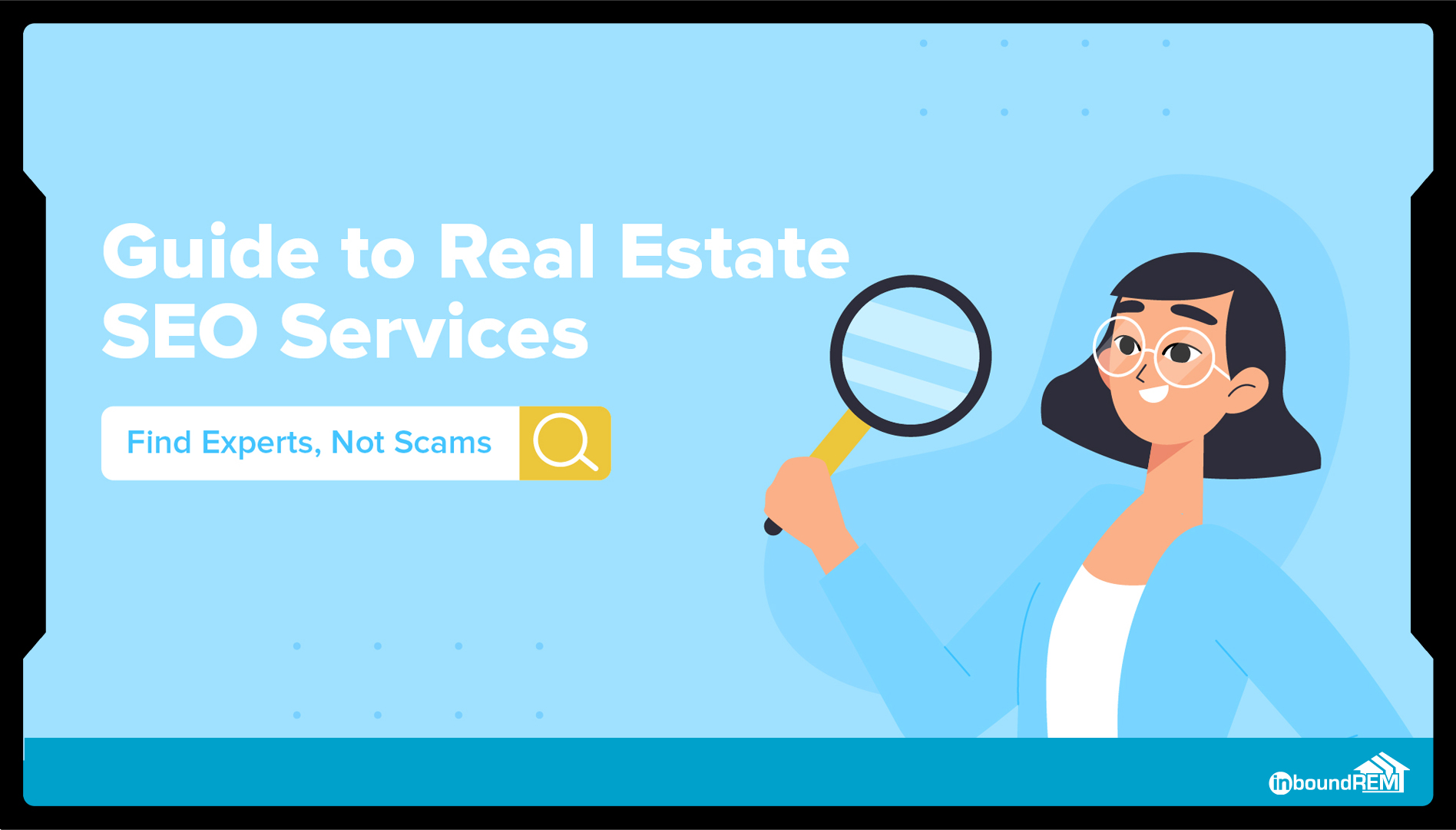 a woman uses a magnifying glass to find the best real estate seo services