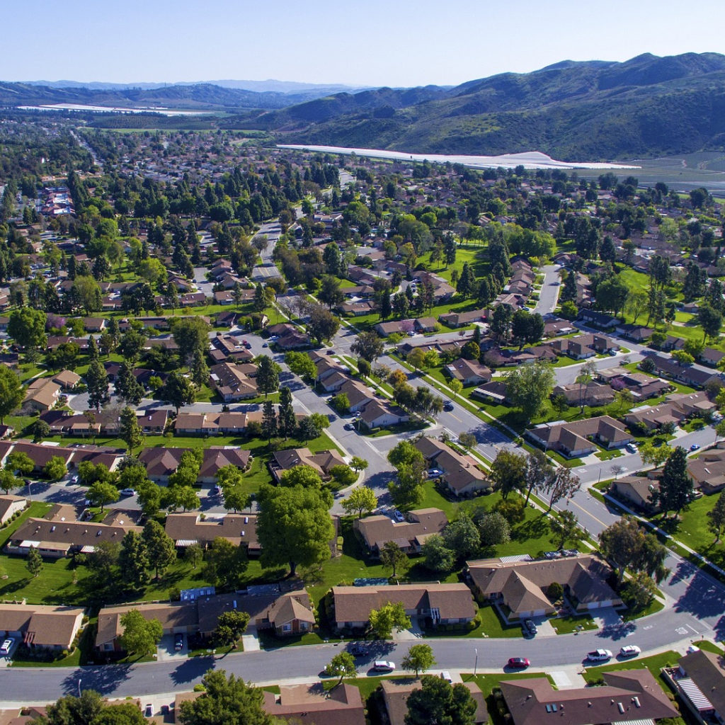 A wide-angle shot of a suburban neighborhood