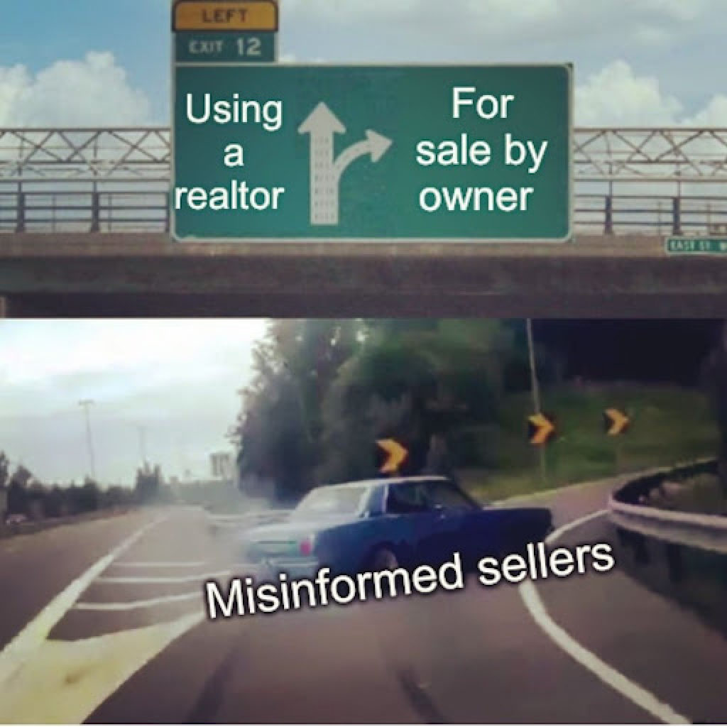 Funny car being misinformed sellers drifting away from Using a realtor exit to For Sale by owner exit on highway