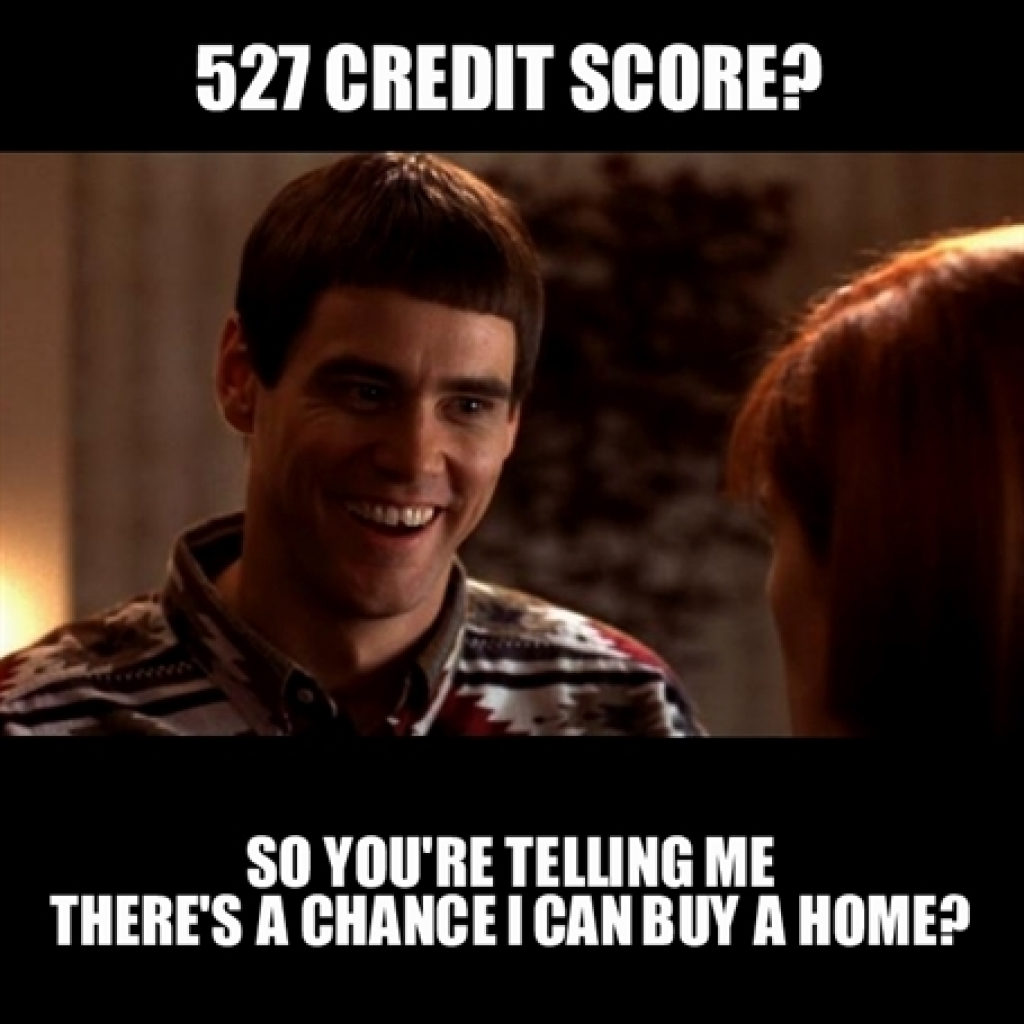 Hilarious meme 527 credit score telling a real estate agent if he has a change to buy a home using Jim Carrey from Dumb and Dumber I like you a lot scene