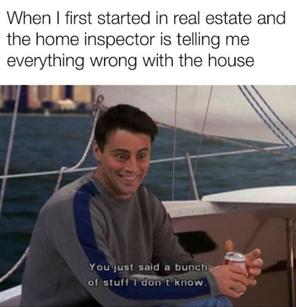 Trending real estate meme - When I first started in real estate and the home inspector is telling me everything wrong with the house which are stuff I do not know with Matt LaBlanc as Joey from Friends series