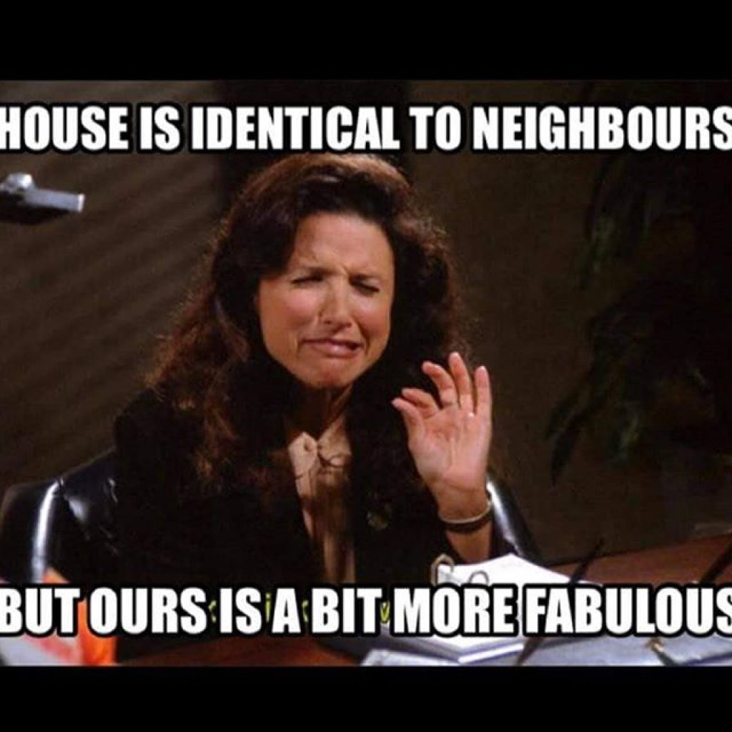 House is identical to neighbors but Ours is a bit more fabulous funny meme with Elaine Benes on Seinfeld
