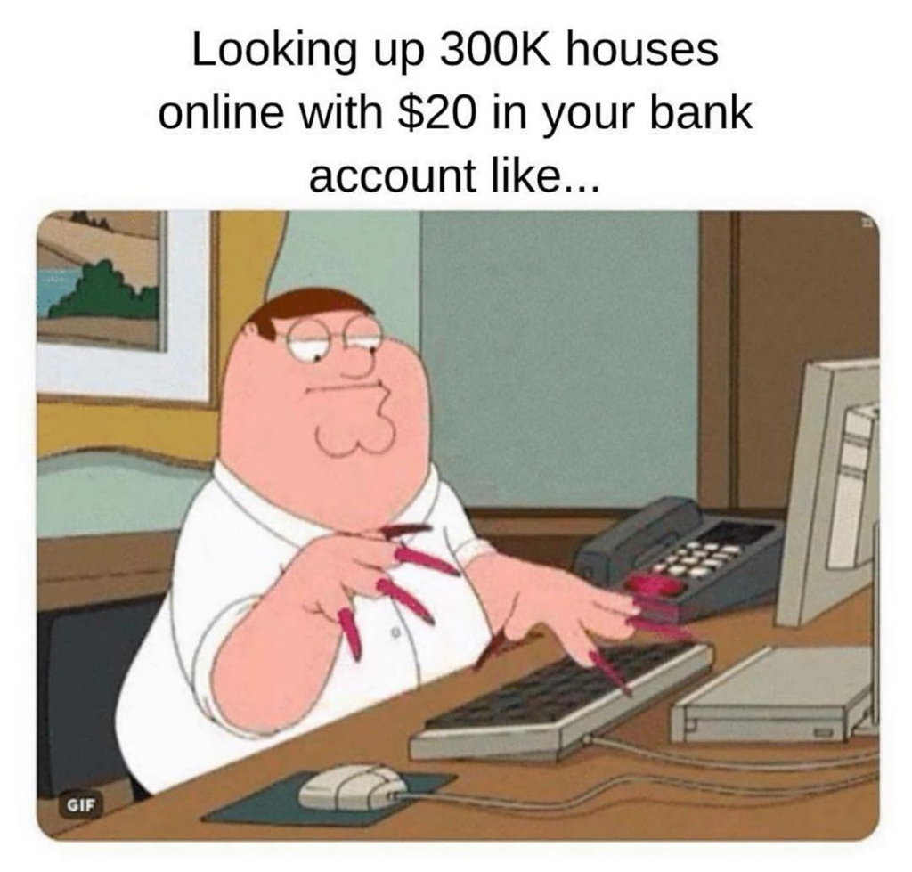 Looking up 300K houses online with 20 dollar in bank account funny meme using Peter Griffin from Family Guy with newly done long nails