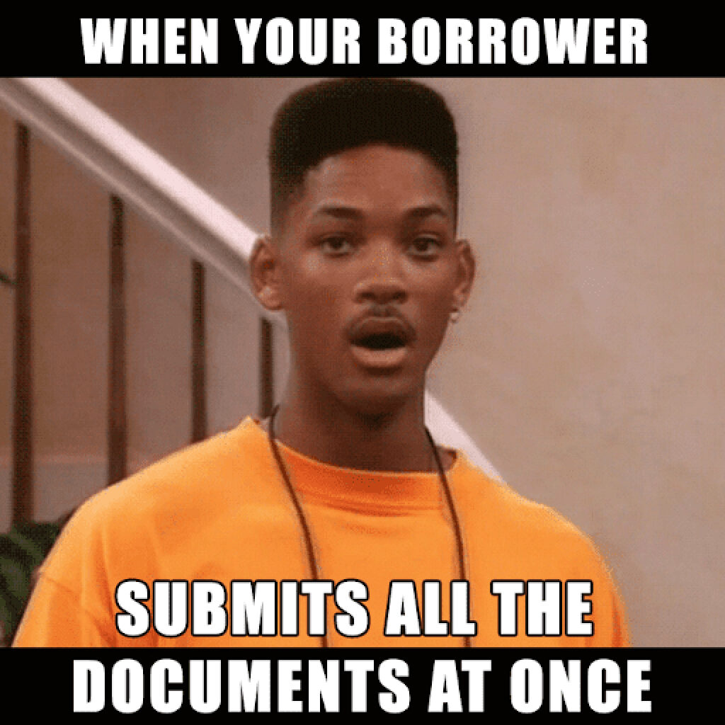 When borrower submits all documents at once meme using Will Smith surprised face image from Fresh Prince from Bellair