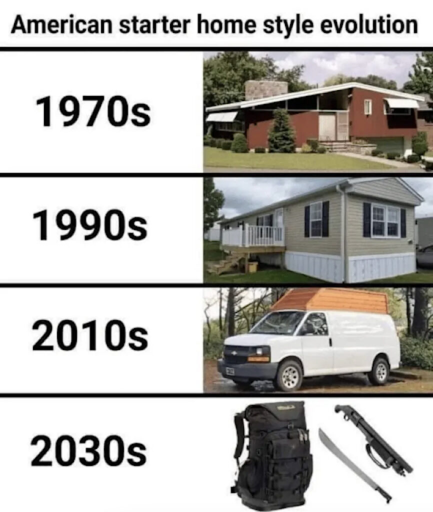 Funny meme about American starter home style evolution from 1970s to 2030s