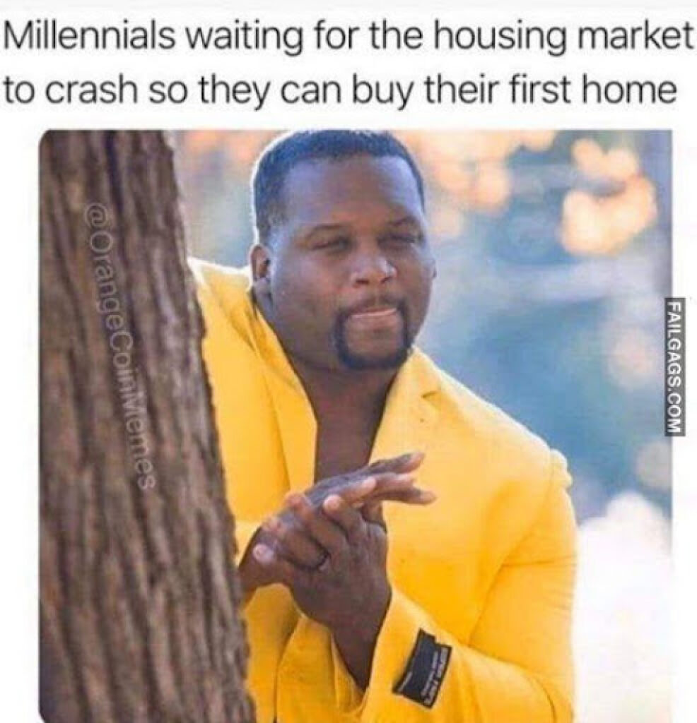Funny meme about millenials waiting for the housing market to cras so they can but their first home.