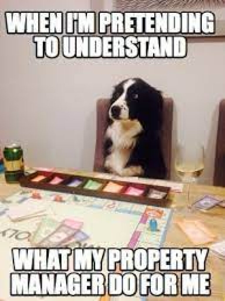 Funny meme when pretending to understand what my property manager do for me using a cute dog sitting playing monopoly