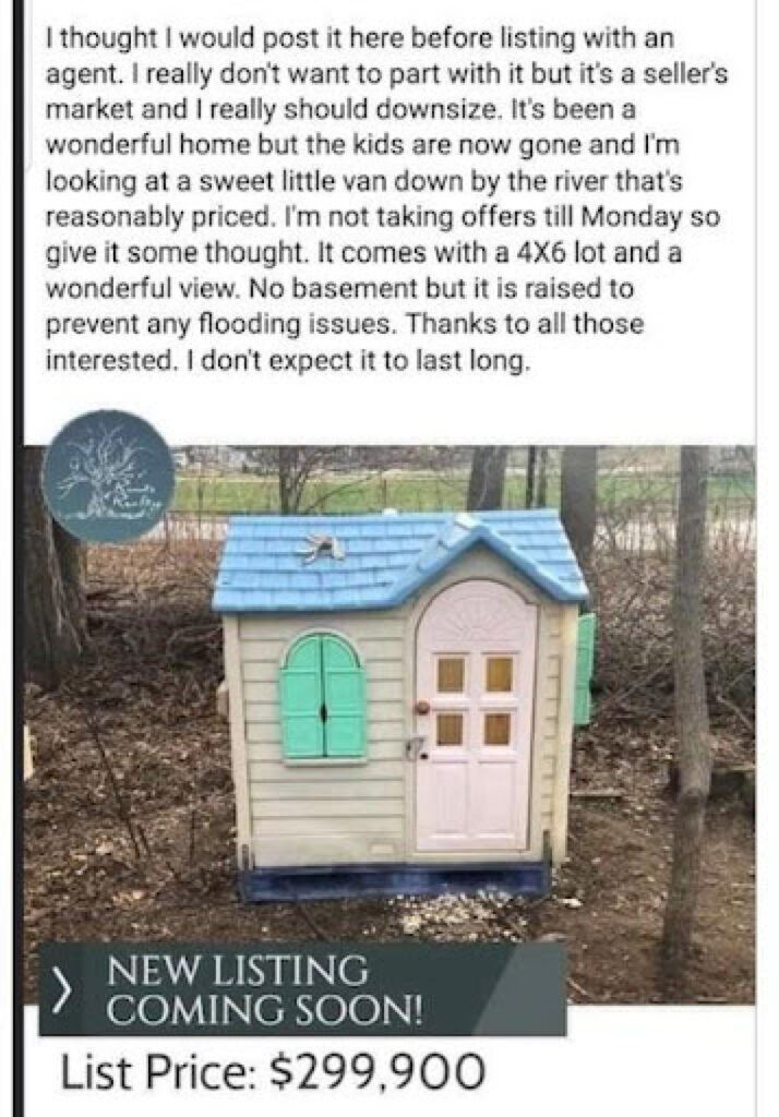 Funny meme selling a toy house as a new listing coming soon!