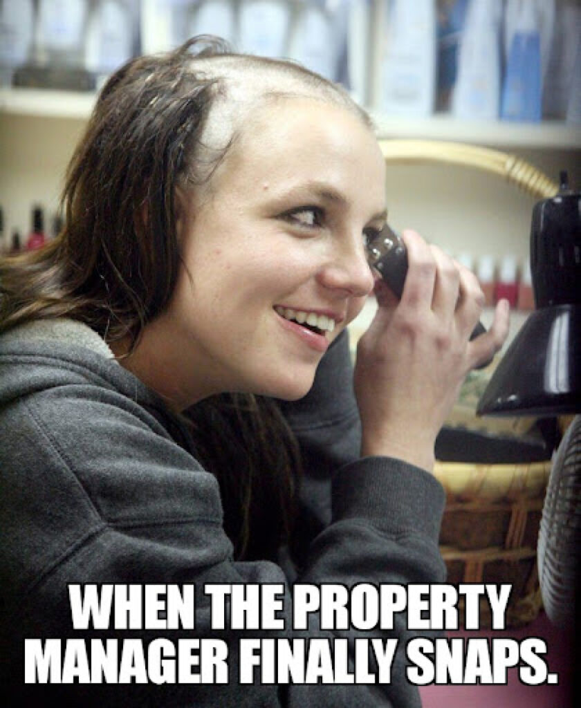 Meme about property managers finally snaps using Britney Spears shaving her head and eyebrows with an electric razor