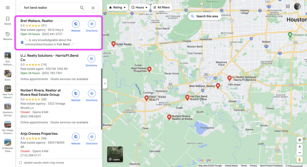 A realtor successfully ranking number 1 for a hyperlocal search on Google Maps
