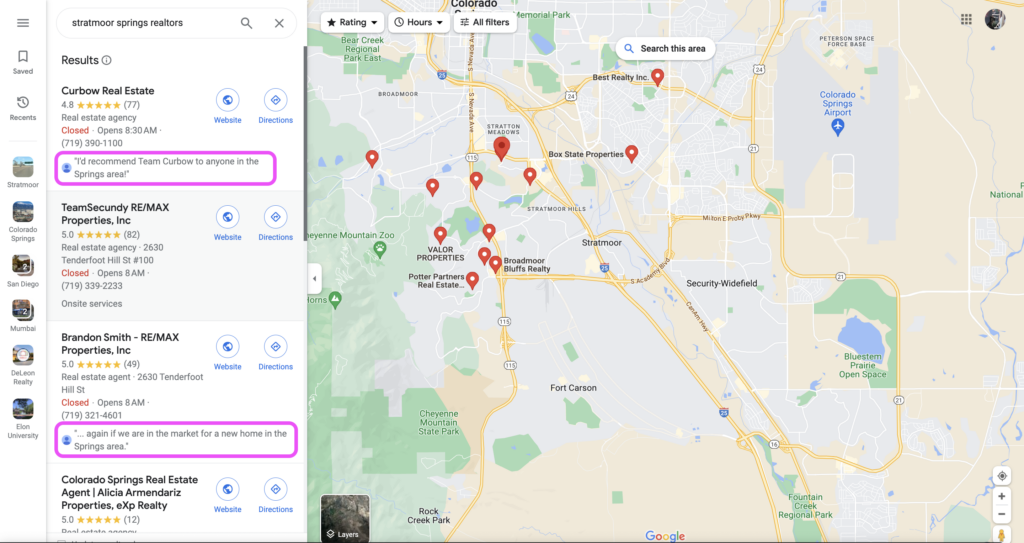 Example of local keywords in Google review highlighted text