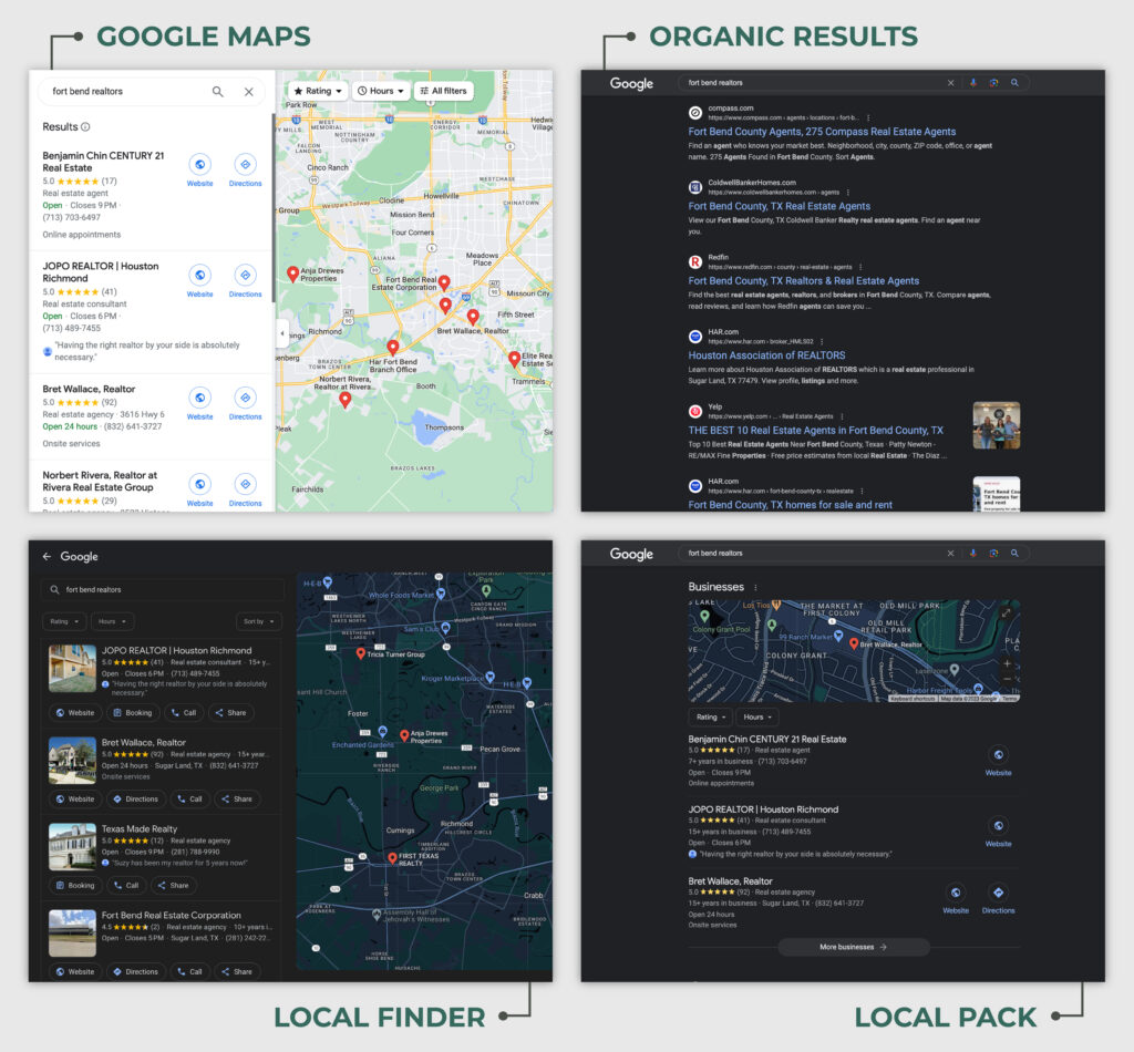 local finder vs local pack vs organic search vs google maps