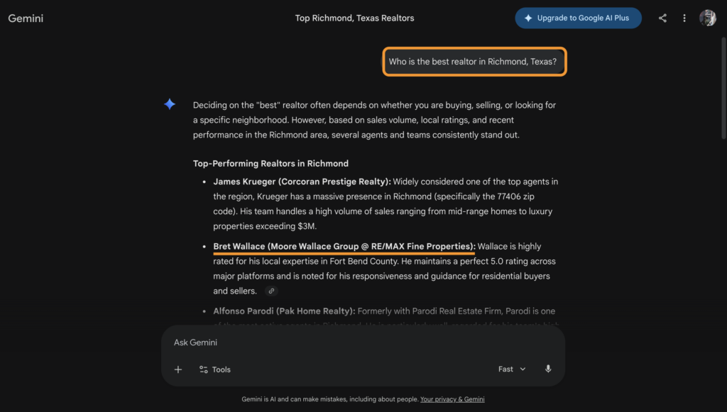Gemini LLM - Who is the best realtor in Richmond, Texas?